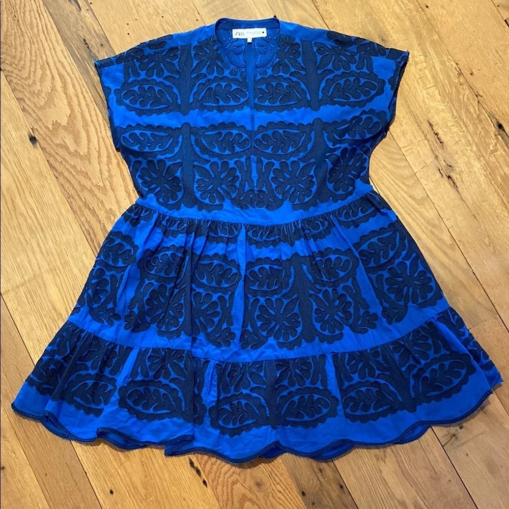 ZARA Cotton Embroidered Azul Blue Dress Size XS